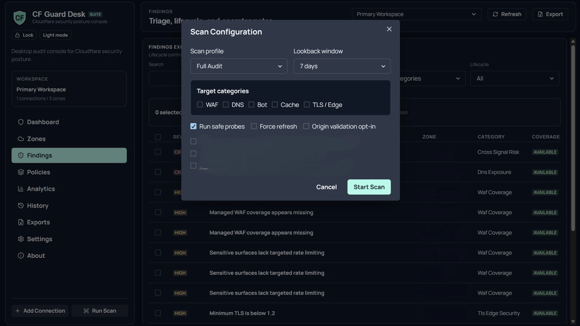 CF Guard Desk scan configuration modal showing Full Audit profile, lookback window, target categories for WAF DNS Bot Cache and TLS Edge, safe probes, force refresh, and origin validation controls.